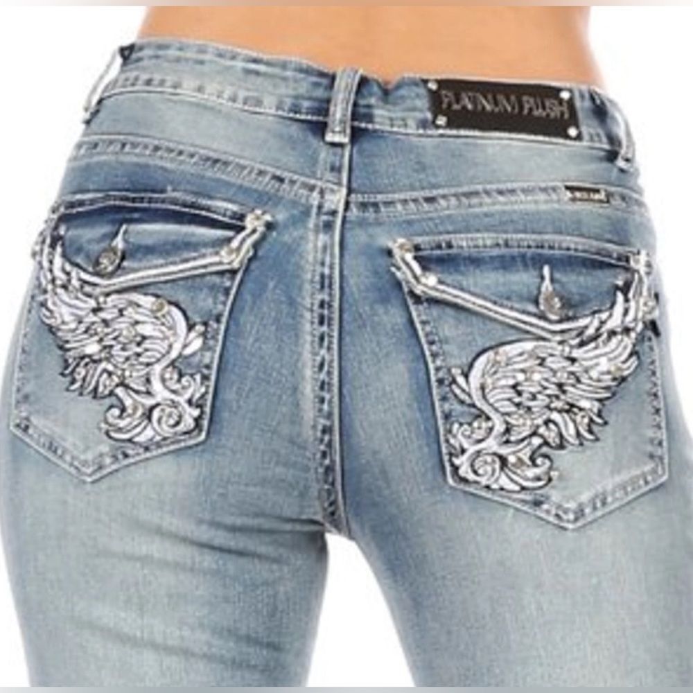Platinum Plush Rhinestone Angel Wing Bootcut Jeans - Picture 4 of 4